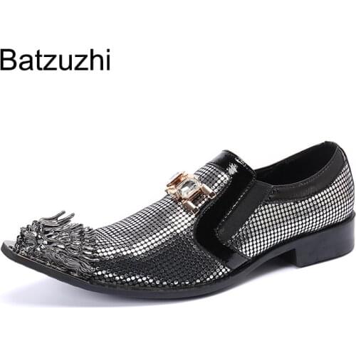 Batzuzhi Luxury Handmade Men Shoes Pointed Metal Toe Slip-on Black Genuine Leather Dress Shoes Men Party and Wedding Footwear