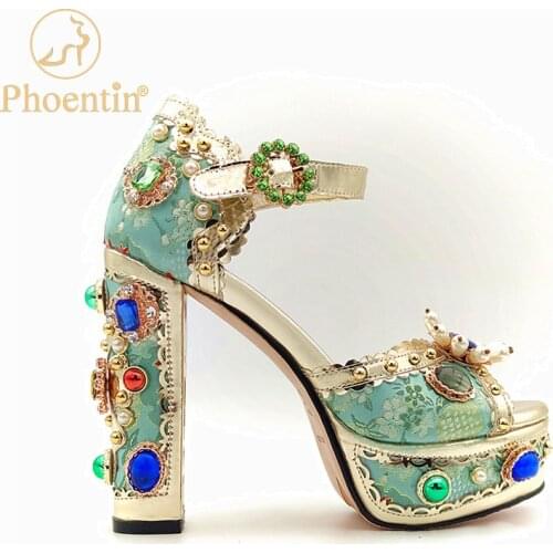 Phoentin luxury female wedding sandals crystal womens platform party shoes embroidery embroidery super high heels blue FT1021