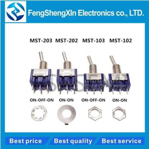 50pcs/lot MTS-102 MTS-103 MTS-202 MTS-203 6A 125V Mini 3/6PIN ON-OFF/ON-OFF-ON Toggle Switches For Switching Lights Motors