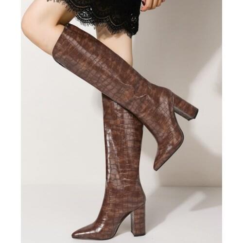 2021 Spring Autumn Fashion Knee High Boots Ladies Stone Pattern Square High Heels Female Winter Loose Large Size Womens Boots