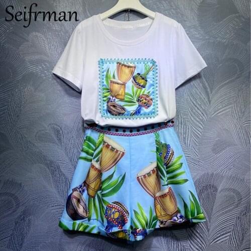 Seifrmann New 2021 Summer Women Fashion Designer Shorts Set Short Sleeve Crystal Tops+High Waist Print Shorts 2 Two Pieces Suits