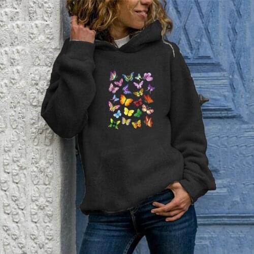 Autumn Winter Fashion Women Long Sleeve Butterfly Print Hooded Pocket Casual Warm Sweatshirt Top Hoodie Casual Women Streetwear