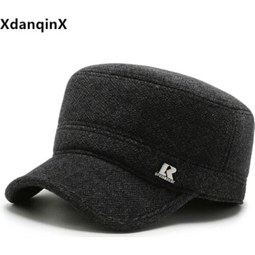 XdanqinX Winter Middle-aged Mens Hat Thick Warm Army Military Hats Men Flat Cap Thermal Earmuff Hat Adjustable Size Tongue Caps