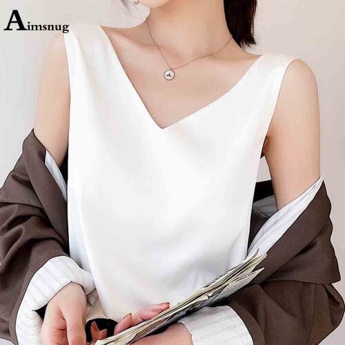 Plus Size 3xl Ladies Elegant Leisure Casual T-shirt Sleeveless Imitation Silk Womens Top Summer V-neck Tees shirt Clothing 2021