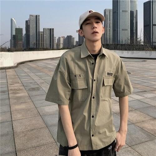 Inschao brand hip hop work summer trend short sleeve quarter sleeve loose inch ArmyGreen Khaki shirt