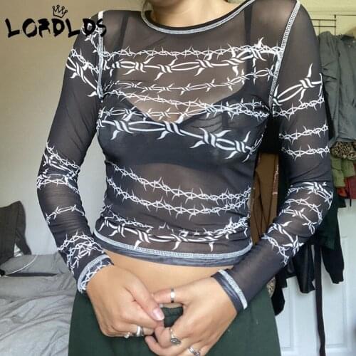 LORDLDS Black Mesh crop top long sleeve transparent Tshirts Women Autumn Sexy Rave Party Chic Print Clubwear