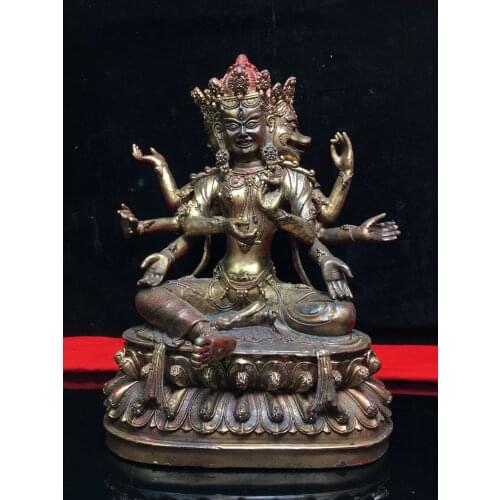 12"Tibet Buddhism Old Bronze Cinnabar Lacquer Three-sided and eight-armed statue Guanyin Tara Bull head Three sides Enshrine