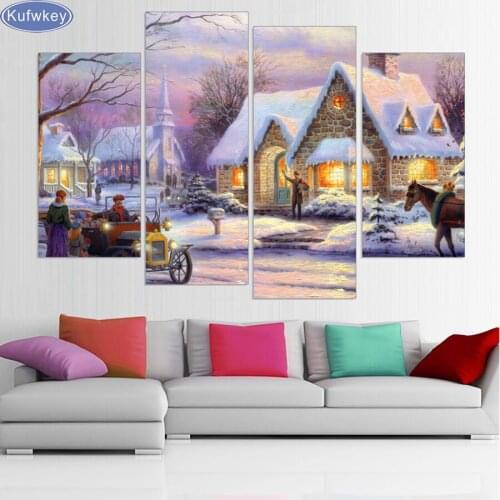4pcs/set,Snow House Landscape Decorative Picture,DIY Diamond Embroidery,diamond mosaic,diamond painting cross stitch decor gifts