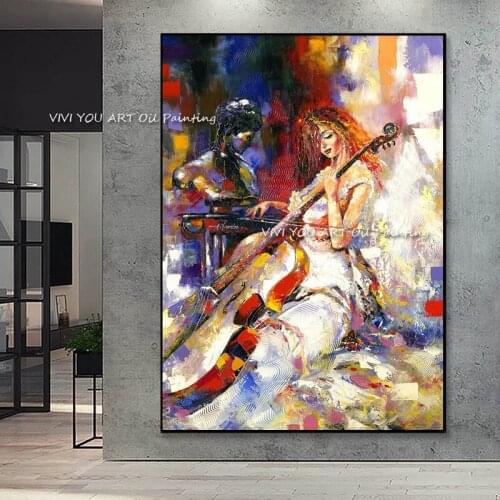 Handmade Abstract Wall Art Elegant Girl Play Violin Dancing Canvas Oil Painting Modern Living room Home Decor Figure Painting