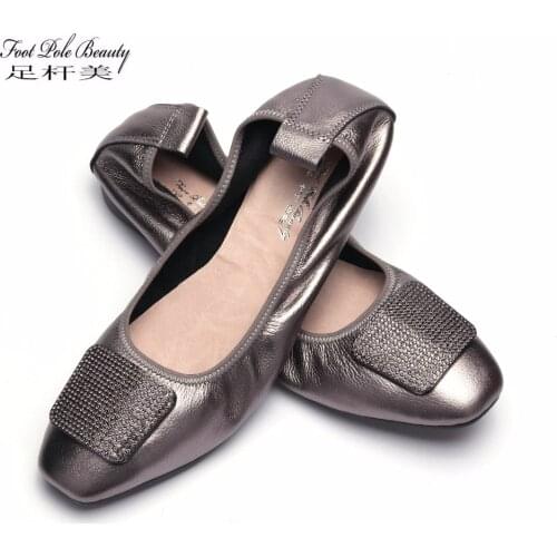 Genuine Leather Ballet Flats Women Flat Shoes Brand Woman Soft Heel Ballerina Flats Rhinestone Lady Loafers sneaker Plus Size 43