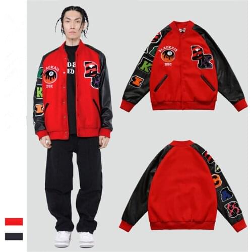 Hip Hop Baseball Jacket Coat Men Letter B Embroidery Leather Sleeve Varsity Bomber Biker Punk Vintage Fashion College Jacket
