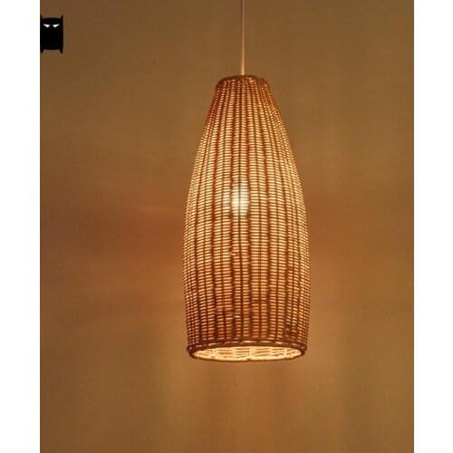 Long Wicker Rattan Lantern Shade Pendant Light Cord Fixture Rustic Asian Japanese Suspension Lamp Foyer Dining Table Tea Room