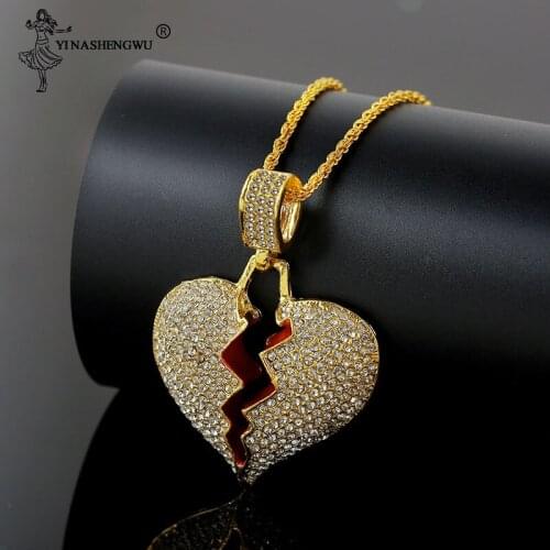 2019 Fashionable New Broken Heart Pendant Necklaces Hip Hop Women Men Jewelry Bling Rhinestone Gold Color Long Chain Necklace