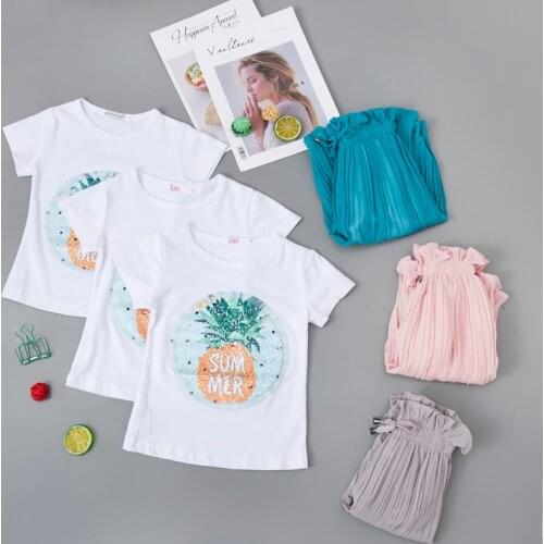 Excellence Bag Store 2021 Summer New Cute Girl Sequins T-shirt Chiffon Pants Two-piece Outfit Suit Kids Tracksuit Girls Clothing