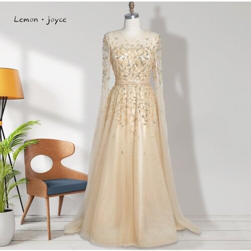 Lemon Joyce Dubai Muslim Beading Evening Dresses 2021 Elegant Champagne Cap Sleeve O-Neck A-Line Formal Dress Plus Size