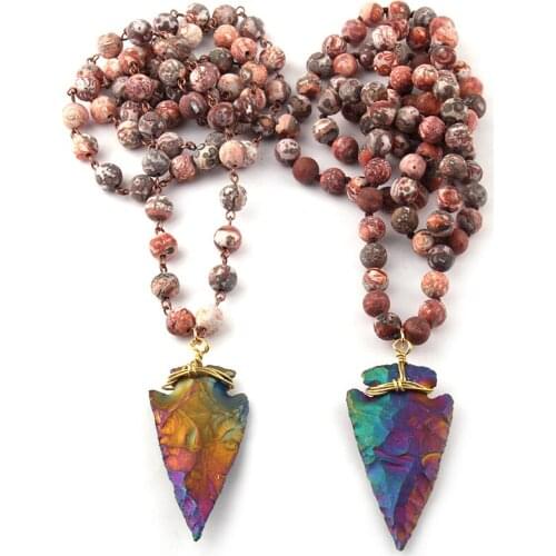 Fashion Frosted Crystal knotted 8mm Multicolor Natural Stone Arrowhead Pendant Necklaces Women Lariat Necklaces
