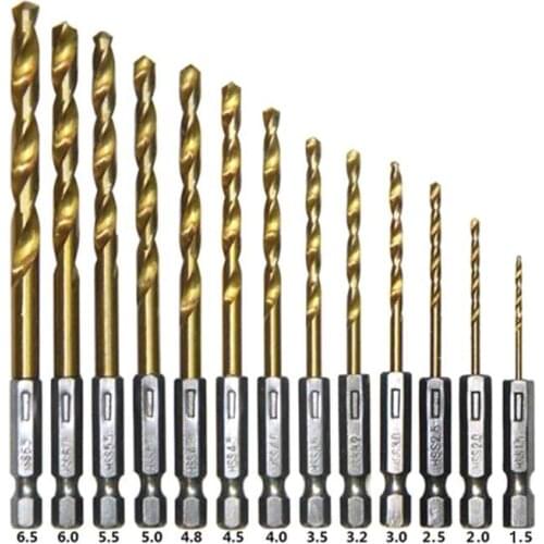 13pcs/lot HSS High Speed Steel Titanium Coated Drill Bit Set 1/4 Hex Shank 1.5-6.5mm High Quality For Electric Dril