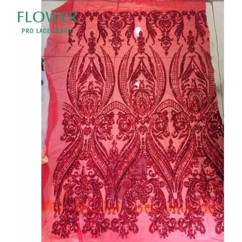 Nigerian Seuqins Mesh Lace Fabric Red Sequined Embroidered Lace Guipure African Swiss Voile Net Lace Indian Style Wedding Lace