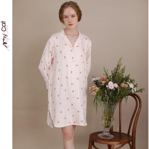 New Female Bamboo Fiber Nightdress, Summer Cute Girly Nightdress, Satin Printed Loose Long-sleeved Cardigan Plus Size Nightdress