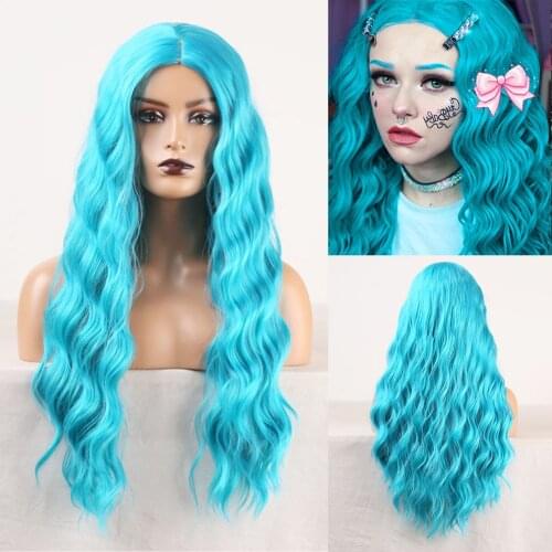 Water Wave Wig Synthetic Hair Blue Color Heat Resistant Fiber Hair Wig Middle Part with Baby Hair for Women
