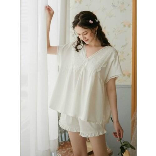 Summer Womens V neck Cotton Lolita Pajama Sets Tops+Shorts Vintage Ladies Girls Pyjamas set Victorian Sleepwear Loungewear
