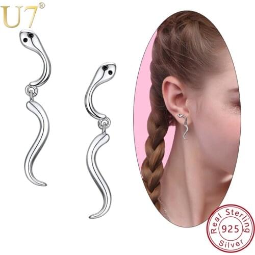 U7 100% 925 Sterling Silver Animal Cute Tiny Snake Design Stud Earrings Gift For Women Girl Kid Lady Ear Studs Brincos SC254