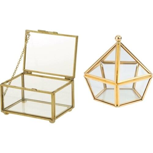 Glass Ring Box Wedding Jewelry Case Immortal Flower Glass Cover & Geometric Glass Style Jewelry Box Table Container
