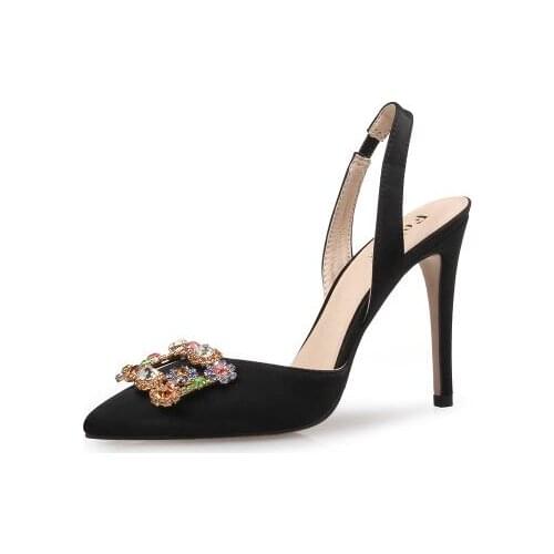 Carpaton Summer Concise New womens satin rhinestone high heels square buckle stiletto shallow mouth pointed sandals nude pink