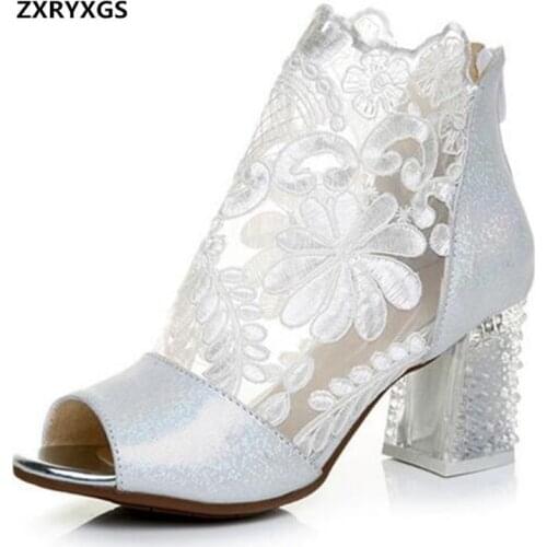 2020 New Summer Lace Embroidery Real Leather Shoes Woman Fashion Sandals Cool Boots High Heels Women Sandals Shoes Size 33-42