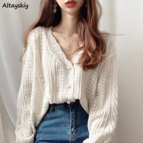 Cardigan Women Elegant Spring Hollow Out Chic Long Sleeve Loose V-neck Feminine Tender Green White Street Outerwear Cozy New Ins