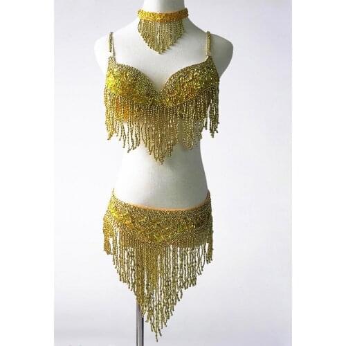 Women Bellydance Clothes Eastern Style Beaded Top and Belt 2pcs Set Costumes for Belly Dance Bra Costume with Necklace