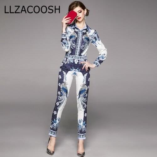 High Quality 2020 Spring Fashion Designer Runway Suit Set Womens Long Sleeve Vintage Print Tops + Pants Two Piece Set