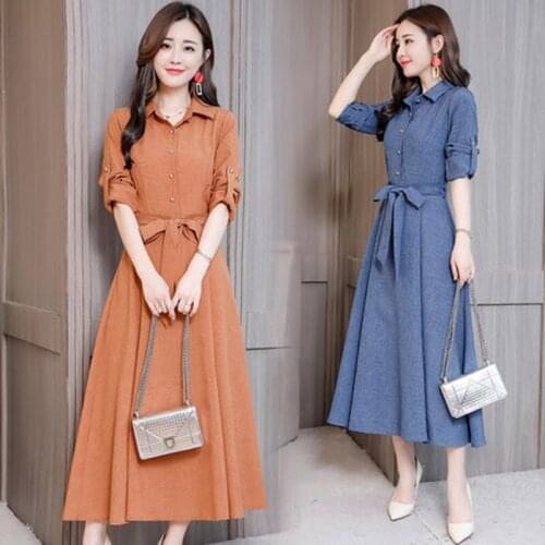 Spring, autumn and summer new large size Slim waist slimming long section cotton and linen shirt style womens A-Line dress