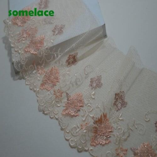 2Y/lot 17Cm Translucent Gauze Fluorescent Orange Floral Embroidery Lace Trim with Design for Wedding Bridal and Garment
