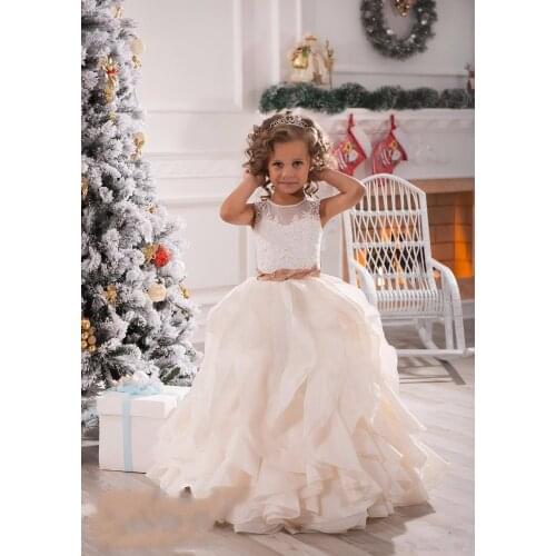 2017 New Neck Lace White Ivory Sashes Ruffles Party Princess Children Kids Party Birthday Gowns