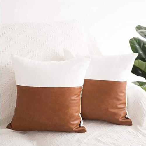 45*45 Linen Canvas Cotton Patchwork Throw Pillow PU Leather Office Home Decor Pillowcase Sofa Chair Car Decorative Cushion Cover