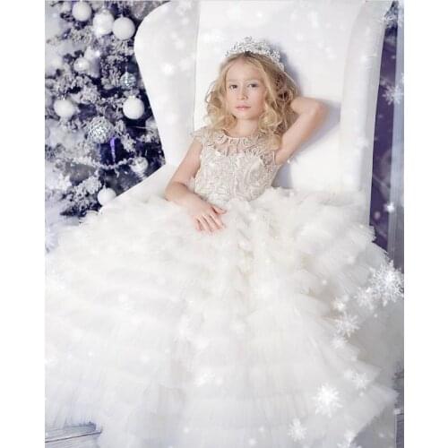 White Girls Children Photography Princess Ball Gowns Cap Sleeve Champagne Lace White Flower Girls Dresses Custom