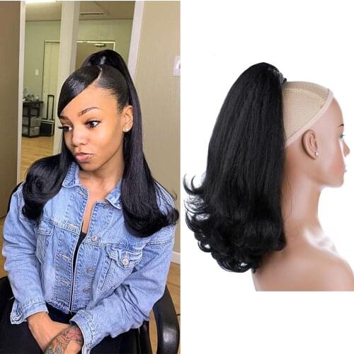 Blice Drawstring Ponytail Warp Kinky Straight Synthetic Hairpiece With Two Combs clip in Natural Black Hair Extensions For Women