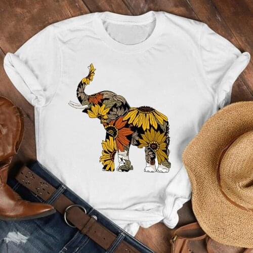 Women Lady Cartoon Elephant Cute Floral Fashion Summer Fall Shirt Clothes Tshirt Tee Womens Top Female Print T Graphic T-shirt