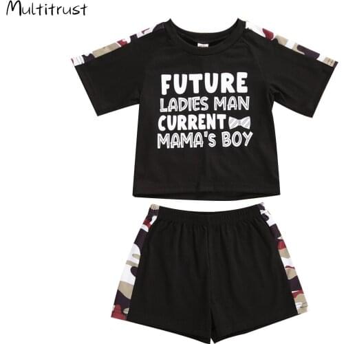 Infant Kids Boys Outfit Set Round Neck Camouflage Letter Pattern Short Sleeve Top Loose Short Elastic Band Pants Set