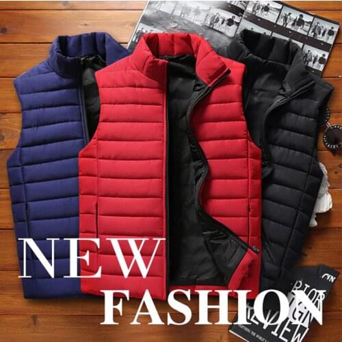 Mens Jacket Sleeveless Autumn and Winter Down Cotton Vest Soild Color Stand-Up Collar Cardigan Korean Casual Mens Top