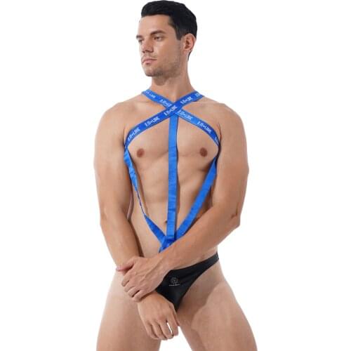 Mens Criscross Back Body Chest Elastic Strap Hollow Out Harness Fashion Letter Print Romper Leotard Stage Show Nightclub Costume