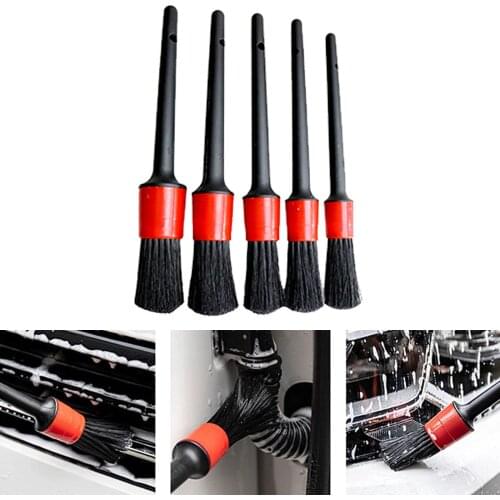 Detailing Brush Set 5 Different Brush Sizes Microfiber Towel Plastic Handle Premium Natural Boar Hair No Shed Bristles
