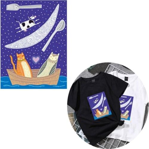 Night Sky Cats Iron on Heat Transfer Printing Vinyl Patches Sticker for Clothes DIY Appliques Washable Animals Patches Wholesale
