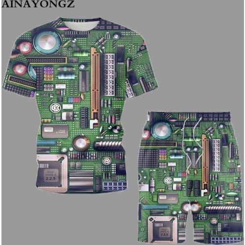 Popular Short Male Set Novelty Integrated Circuit Board Printed Cool Summer Attire Fashion O-Neck Casual Shirt Mens Beach Suit