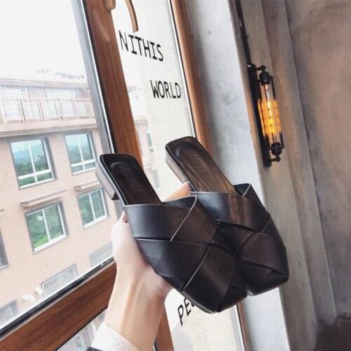 2020 Summer Women Square Toe Sandals Ladies Pu Leather Plaid Outside Thin High Heels Slippers Female Fashion Woman Shoes NVLX46
