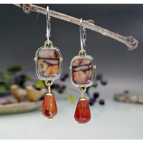 RONGYU Retro Geometry Synthetic Dendrite Stone Drop Earrings For Women Natural Red Gemstone Fine Jewelry Fashion Women Best Gift