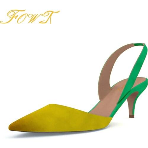 Yellow Green Mixed-Color Elastic Band Womens Pumps Slingbacks Cat Heel Pointed Toe Dress Office Female Shoes Large Size 42 FOWT