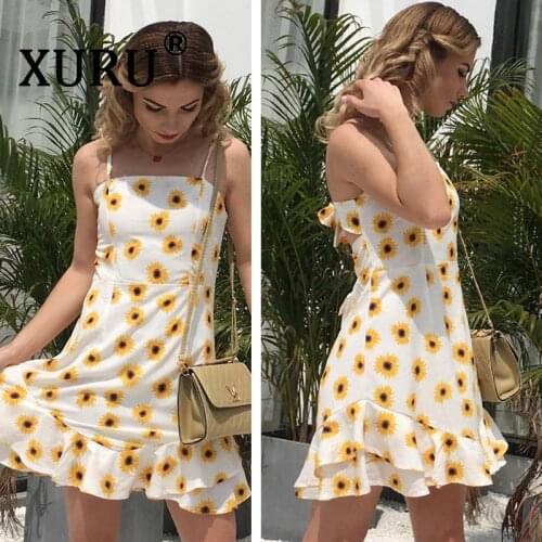 XURU summer new womens print dress sexy strap backless chiffon dress tiered ruffled beach dress