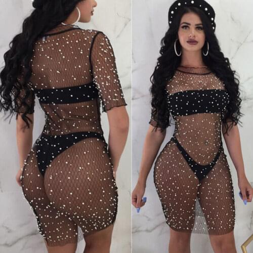 Women Summer Fishnet Crochet Sequins Club Wear Mesh Bikini Cover Up Swimwear Bathing Beach Sheer Bodycon Short Midi Dress